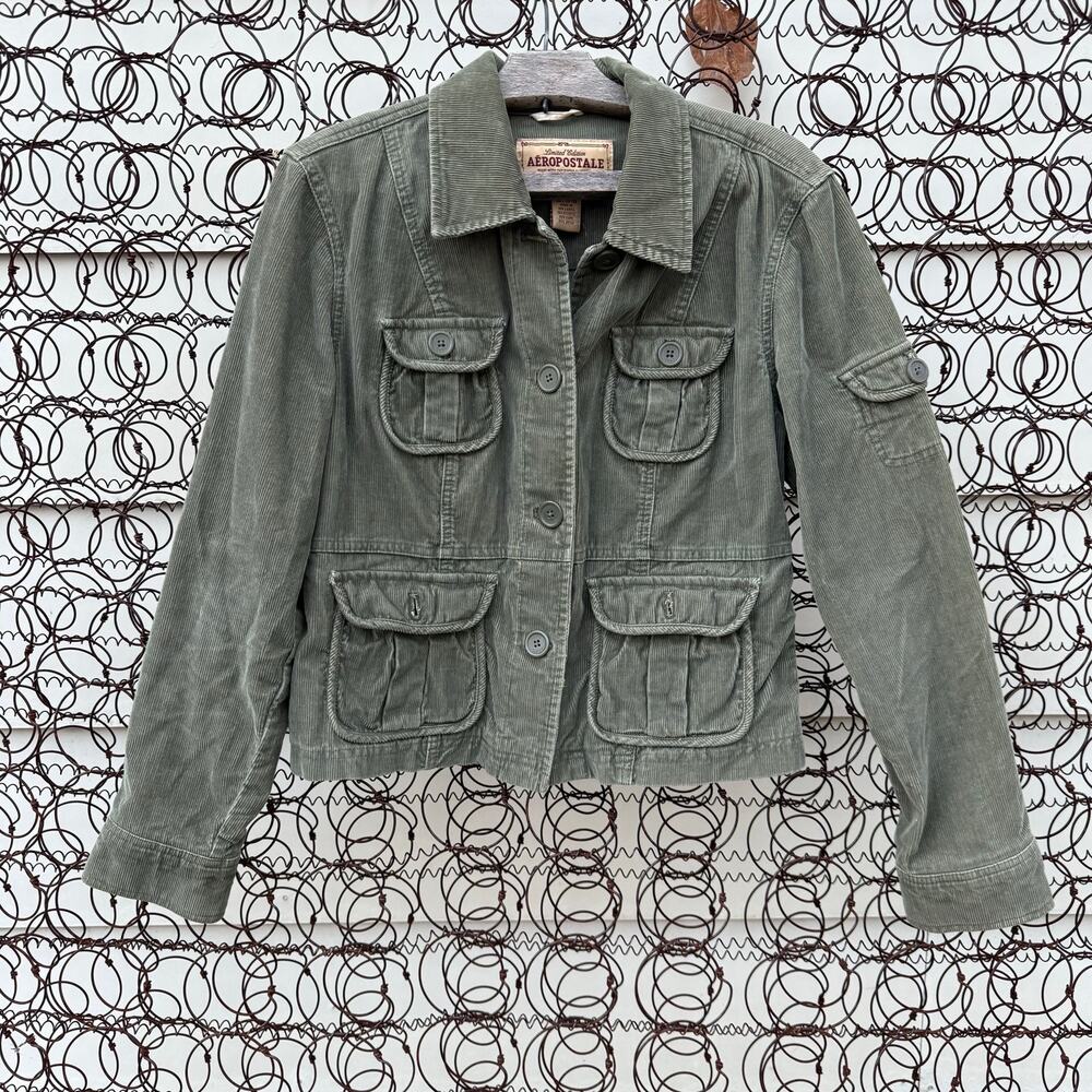 Y2K Aeropostale Army Green Corduroy Military Jacket - Large